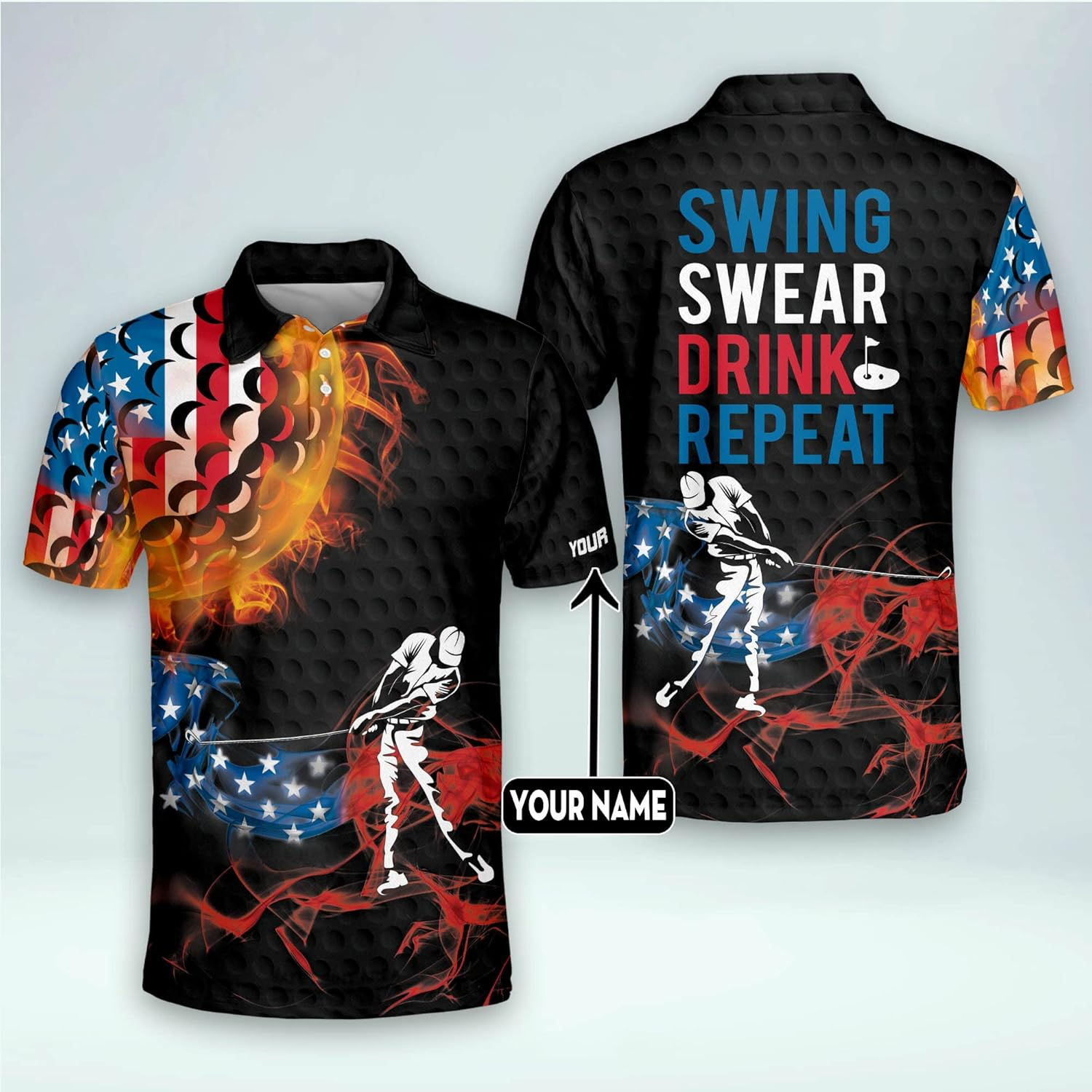 Swing Swear Drink Repeat American Flag Custom Name Golf Polo Shirts, Golf Gift For Men, Golfing Apparel