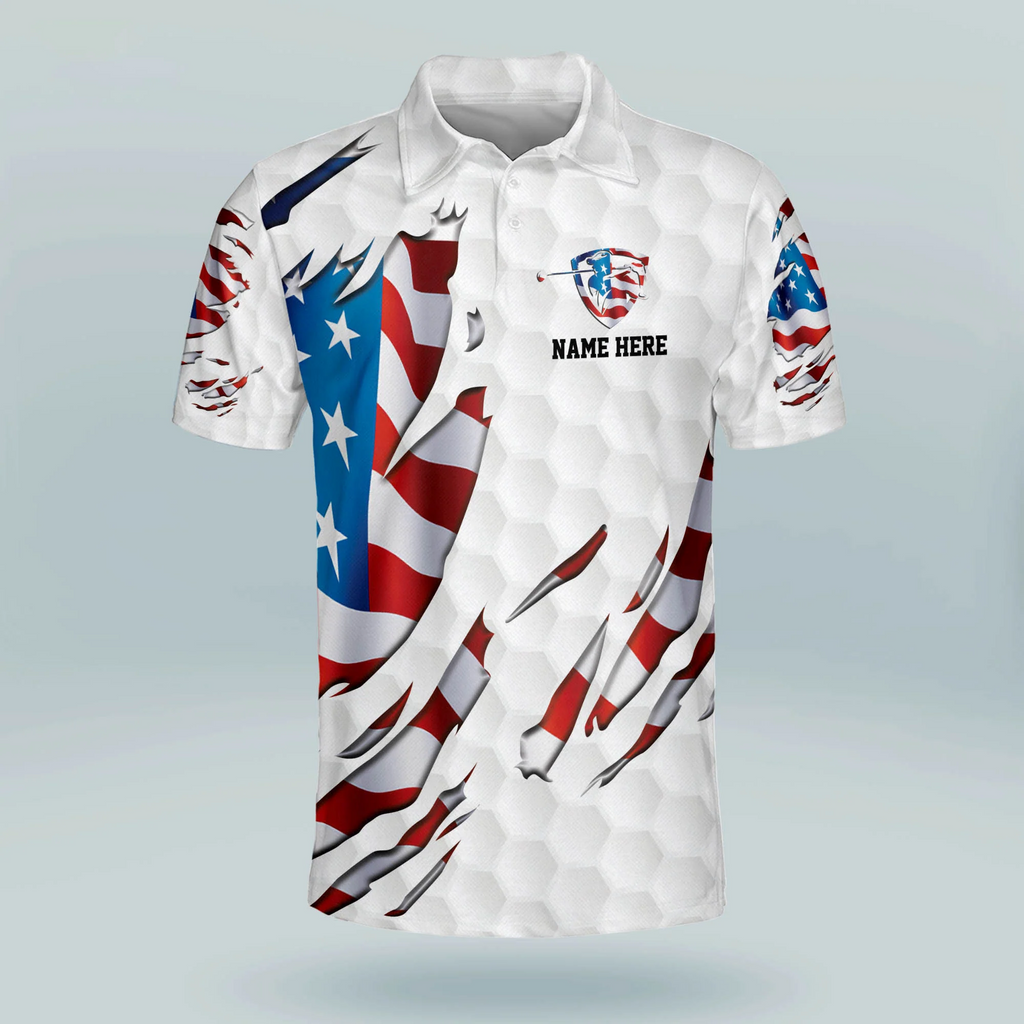Custom Name Swing Swear Repeat American Flag Ripped Golf Polo Shirts, Golf Gift For Men, Golfing Apparel