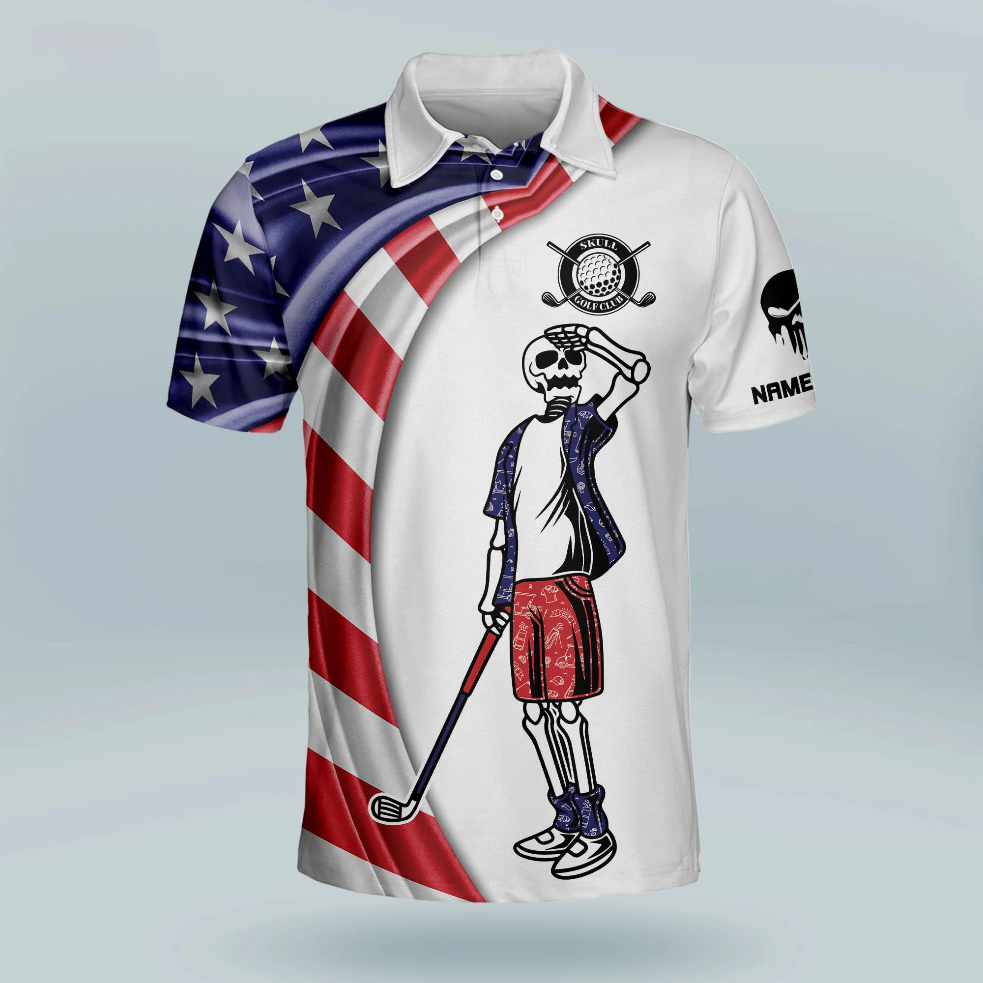 Custom Name Patriotic American Flag Skull Crazy Golf Polo Shirts, Golf Gift For Men, Golfing Apparel