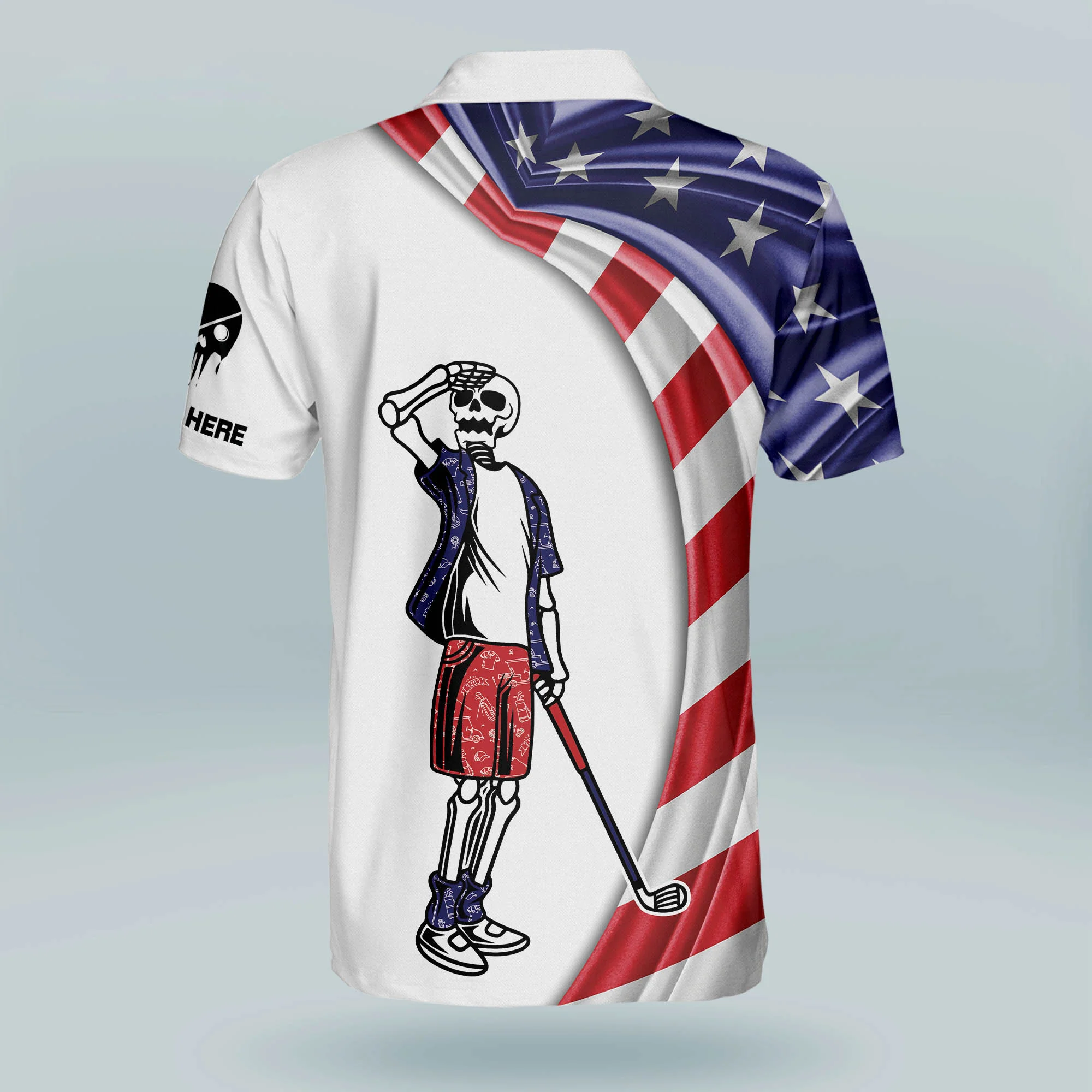 Custom Name Patriotic American Flag Skull Crazy Golf Polo Shirts, Golf Gift For Men, Golfing Apparel