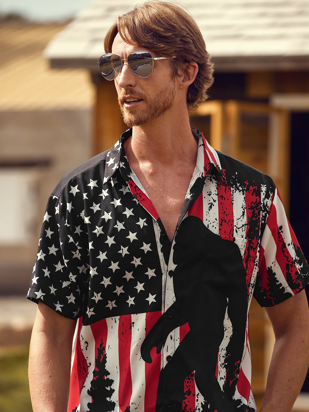American Patriot Bigfoot US Flag Print Hawaiian Golf Shirt, 250th Anniversary Tropical Vibe Men's Golf Shirt