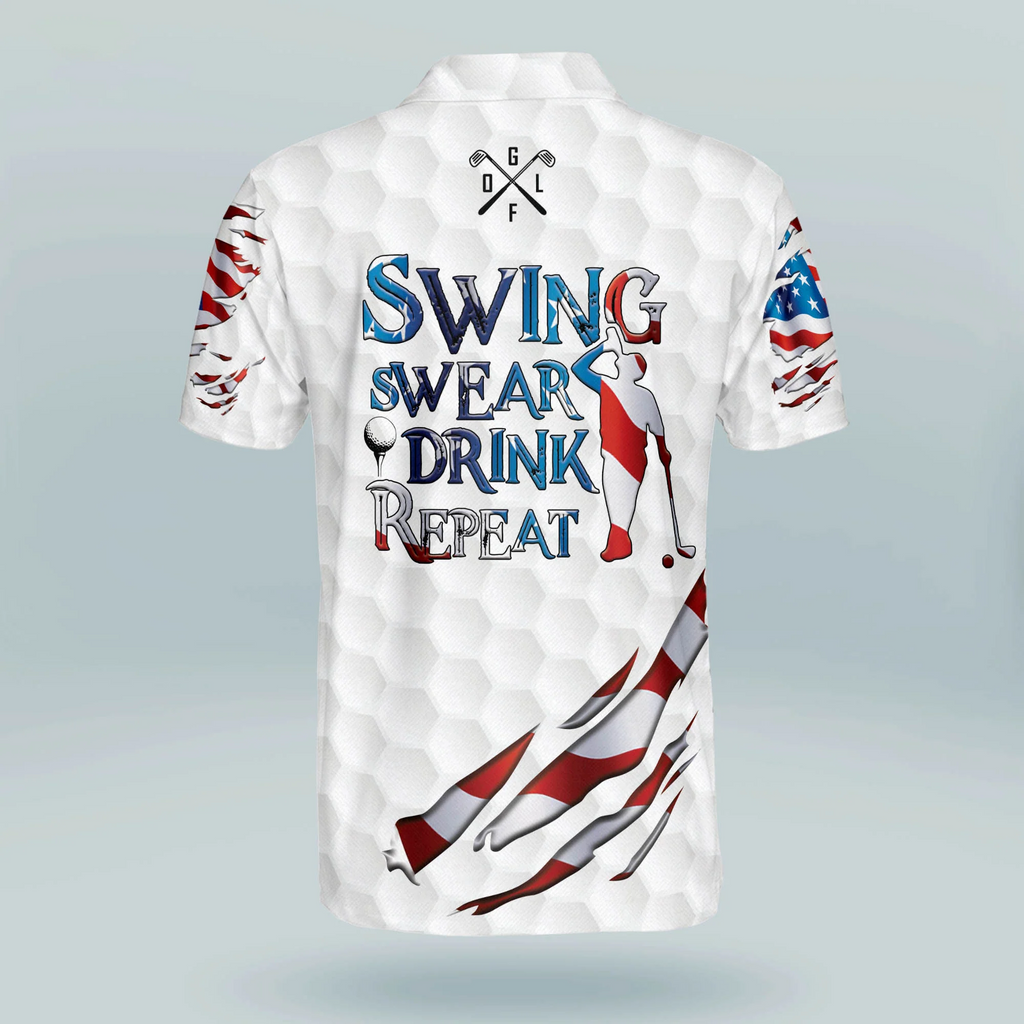Custom Name Swing Swear Repeat American Flag Ripped Golf Polo Shirts, Golf Gift For Men, Golfing Apparel