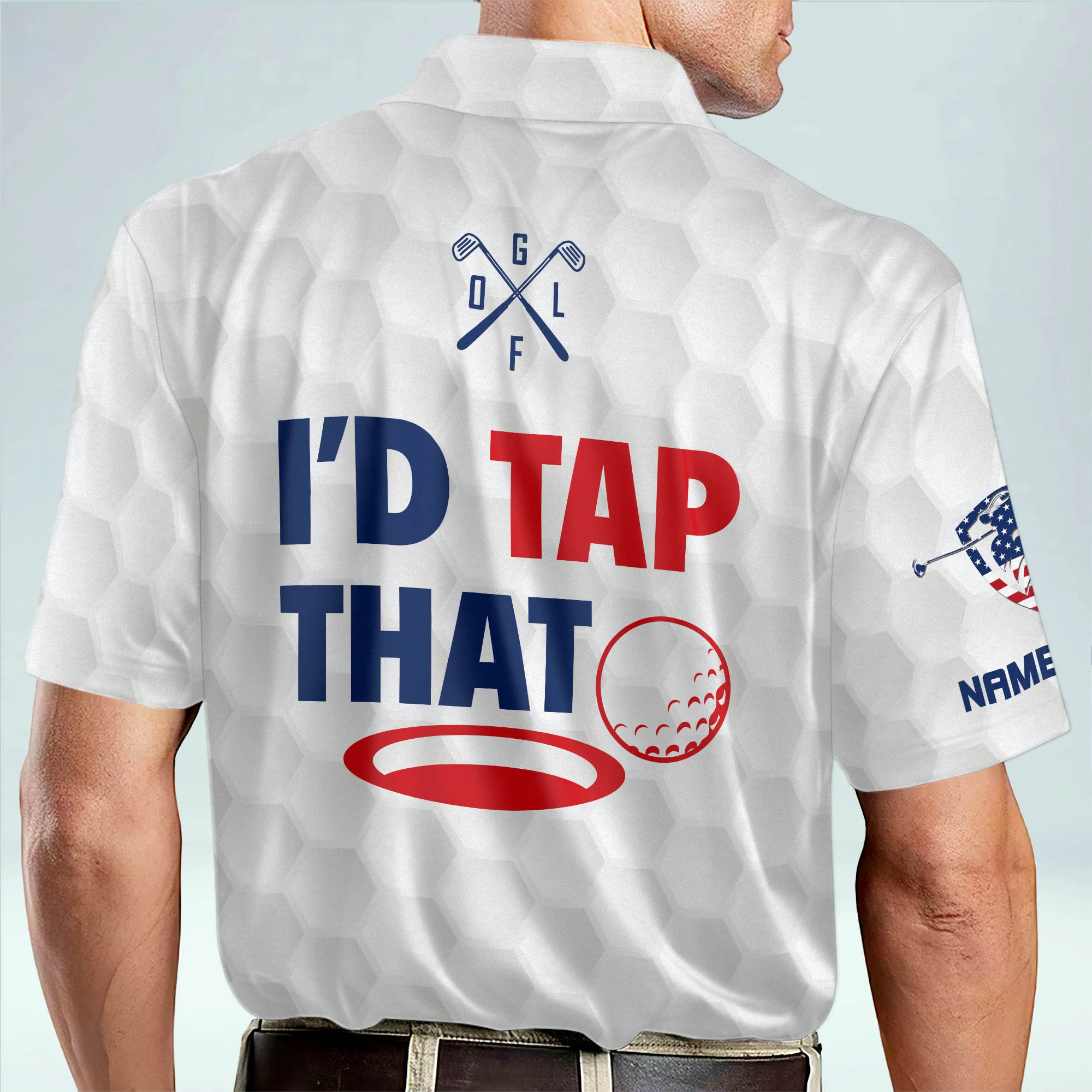 Just Tap It In American Flag Custom Name Golf Polo Shirts, Golf Gift For Men, Golfing Apparel