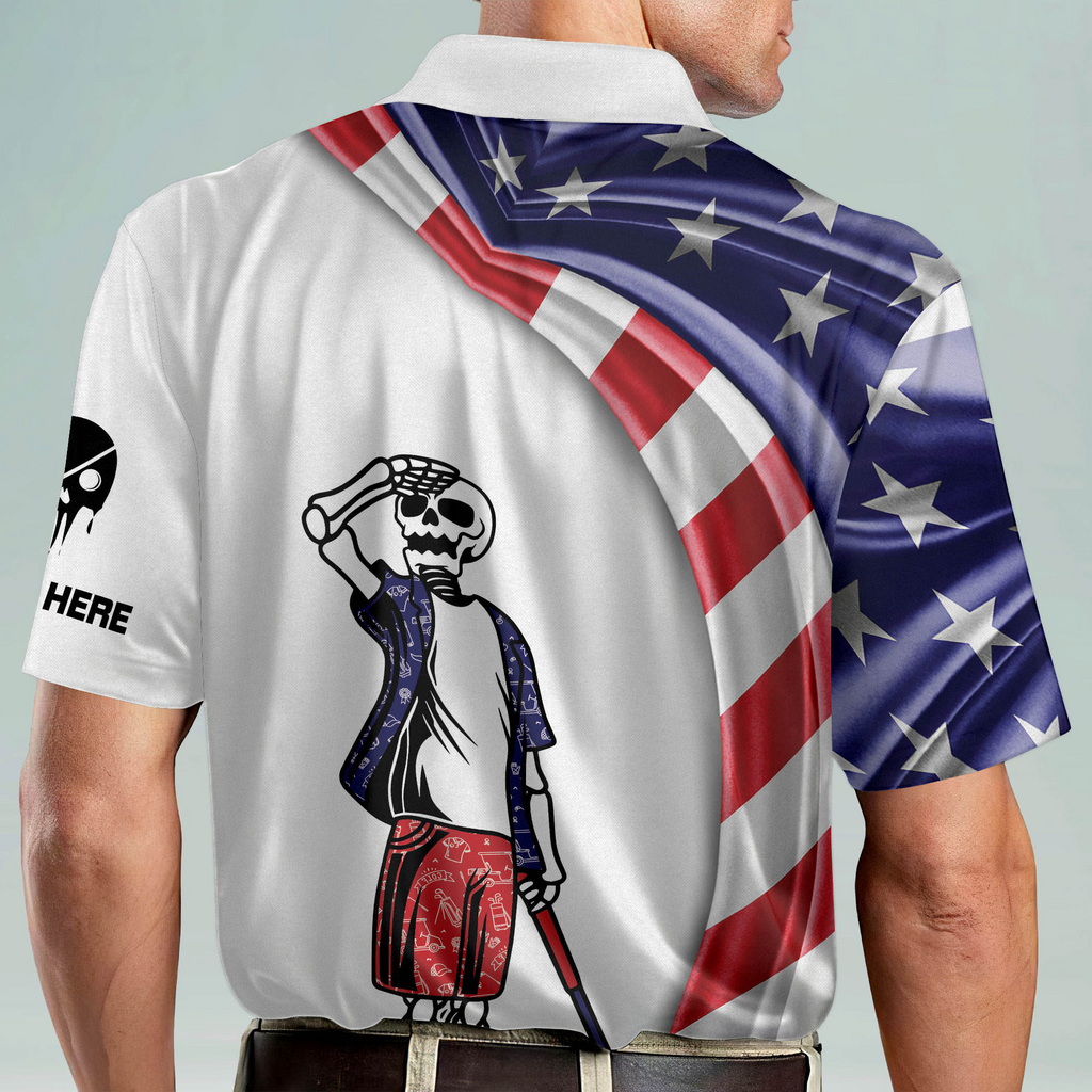 Custom Name Patriotic American Flag Skull Crazy Golf Polo Shirts, Golf Gift For Men, Golfing Apparel