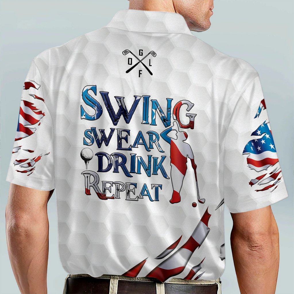 Custom Name Swing Swear Repeat American Flag Ripped Golf Polo Shirts, Golf Gift For Men, Golfing Apparel