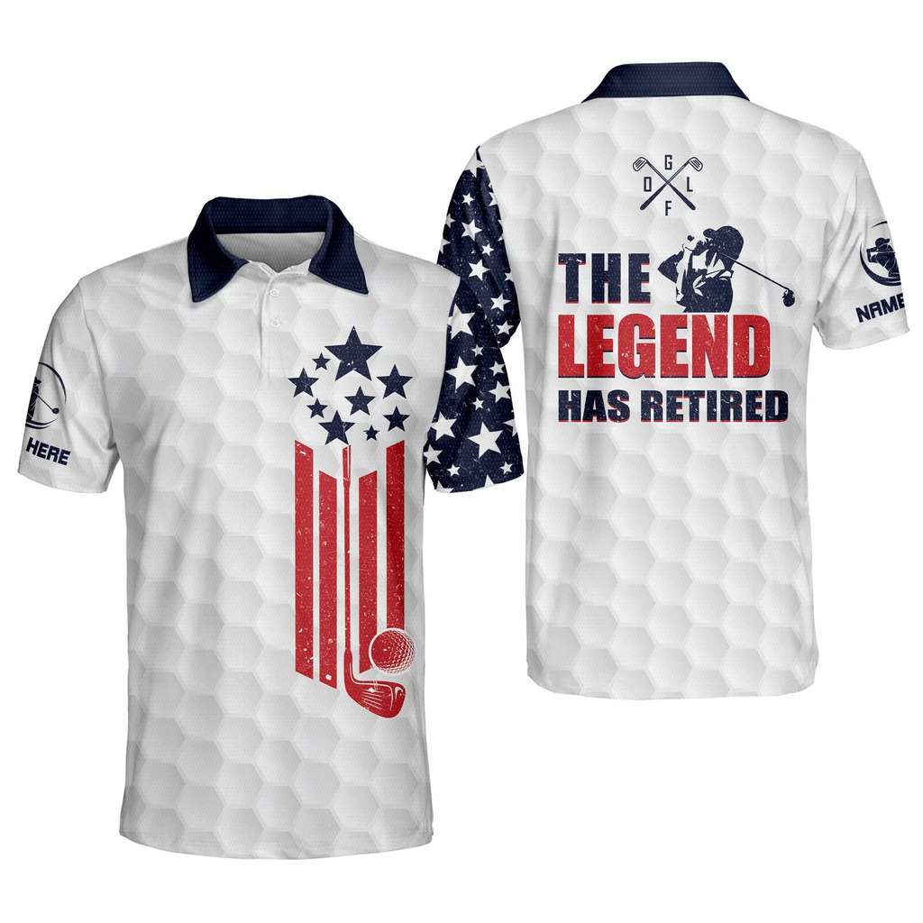 Custom Name The Legend Has Retired American Flag Golf Polo Shirts, Golf Gift For Men, Golfing Apparel