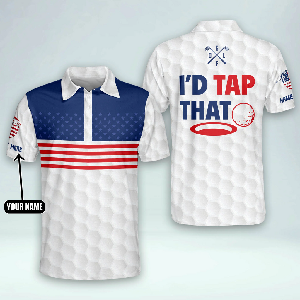 Just Tap It In American Flag Custom Name Golf Polo Shirts, Golf Gift For Men, Golfing Apparel