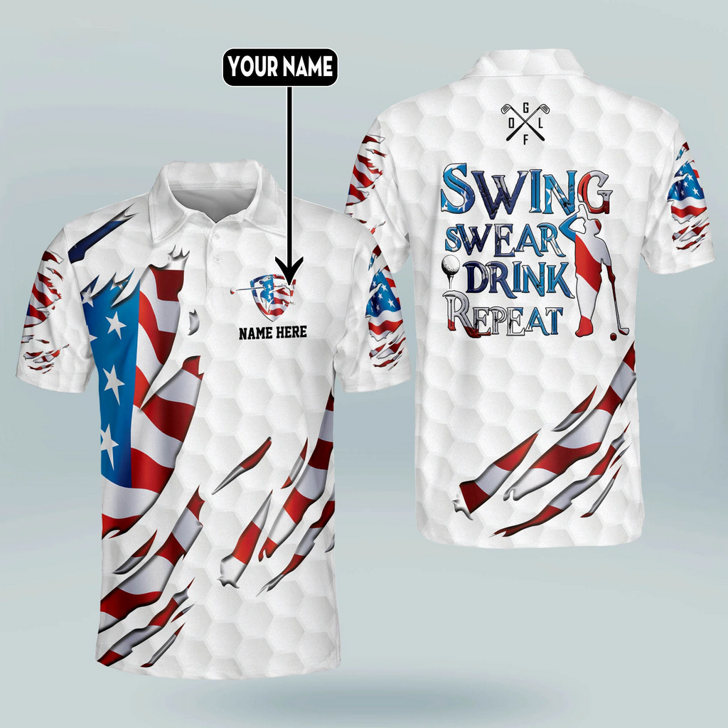 Custom Name Swing Swear Repeat American Flag Ripped Golf Polo Shirts, Golf Gift For Men, Golfing Apparel