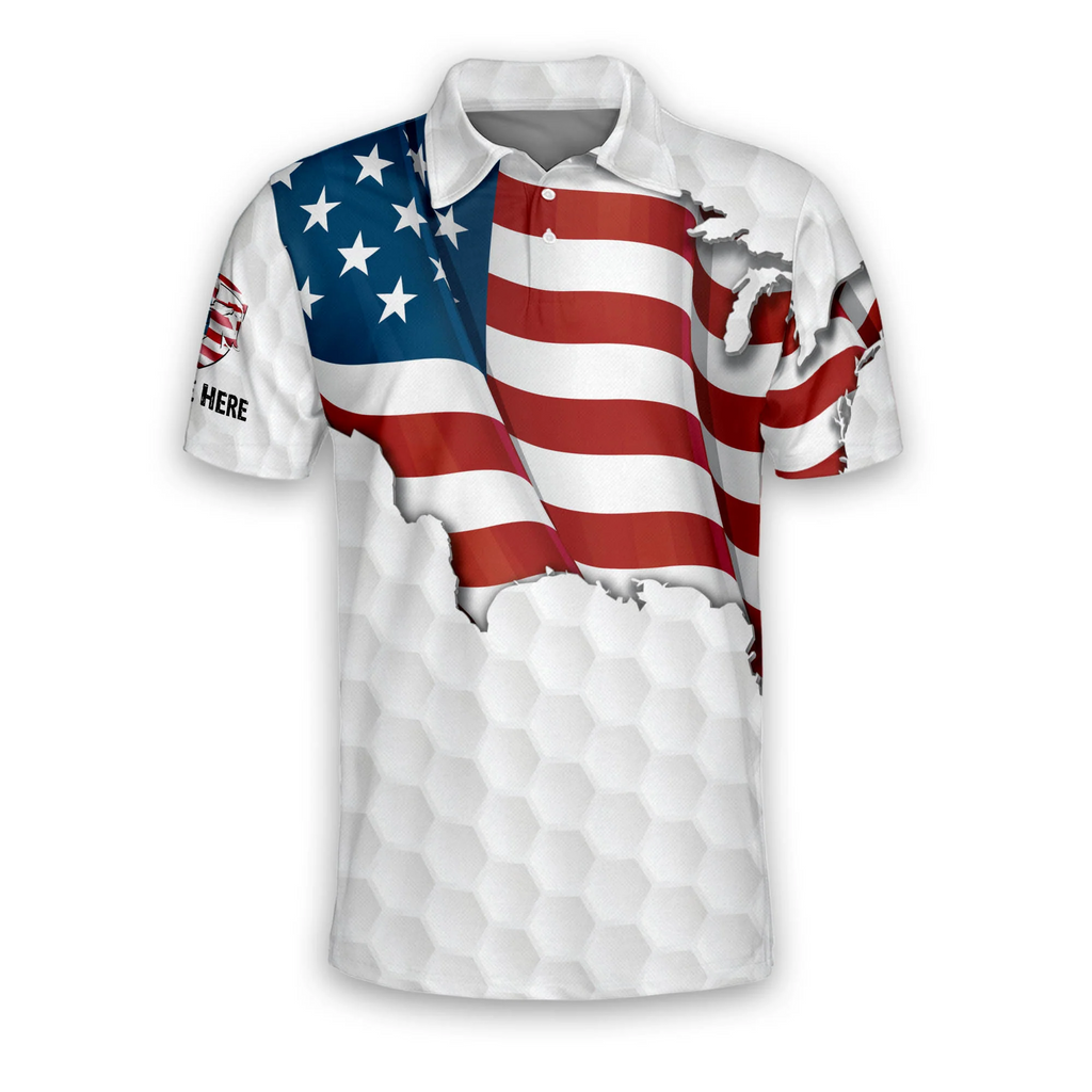 Proud Golf American Flag Custom Name Golf Polo Shirts, Golf Gift For Men, Golfing Apparel