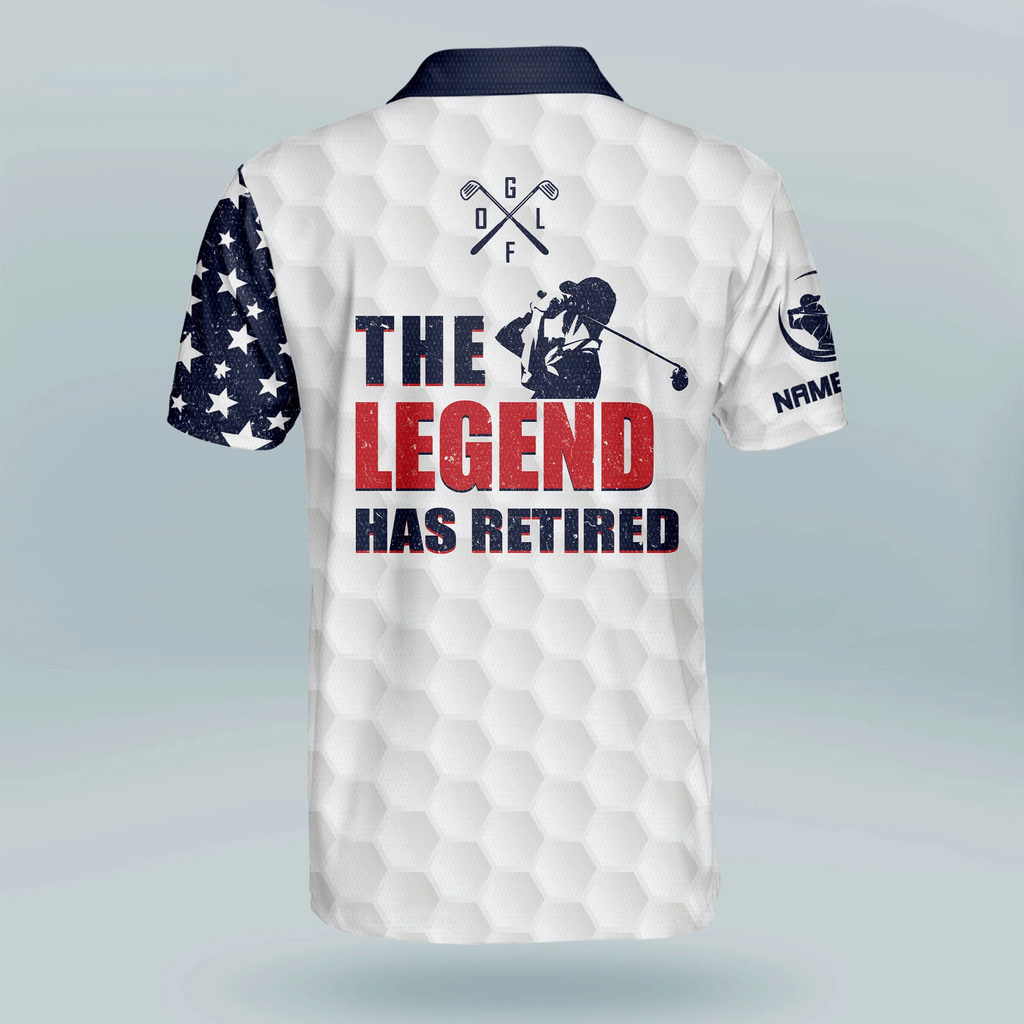 Custom Name The Legend Has Retired American Flag Golf Polo Shirts, Golf Gift For Men, Golfing Apparel