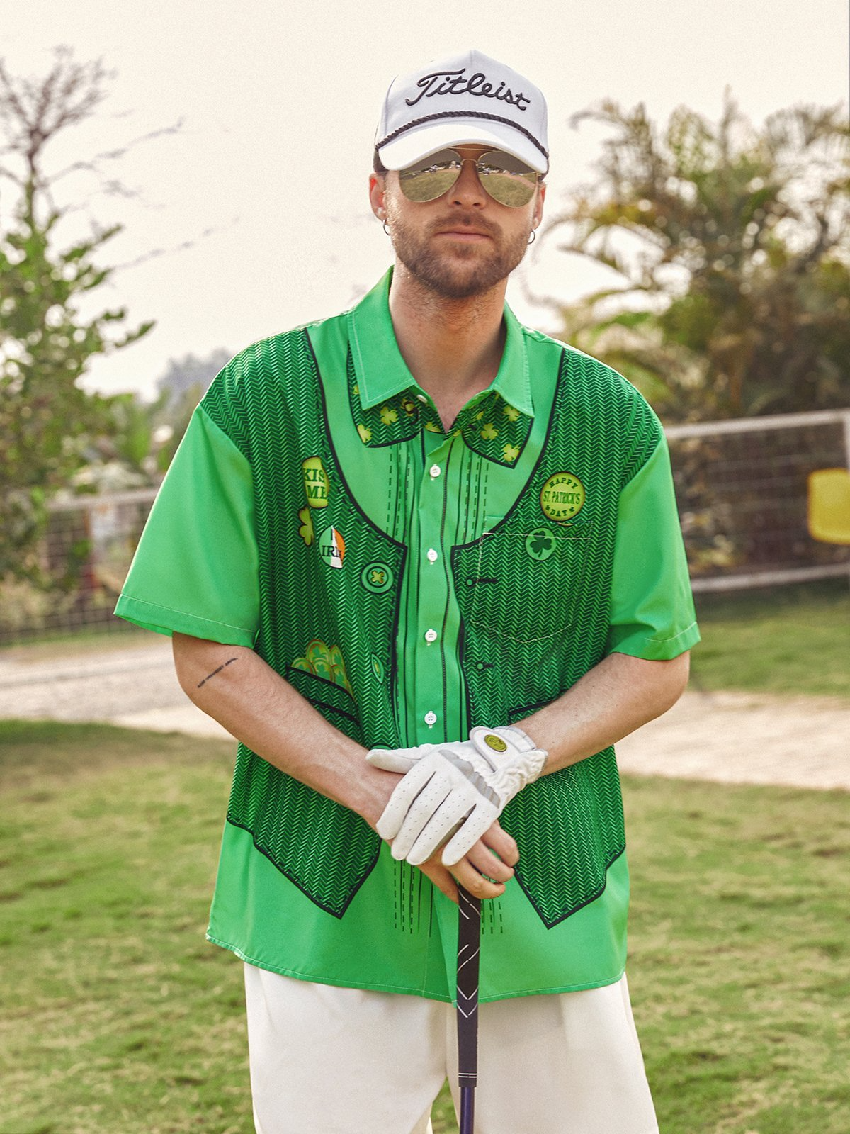 Green St. Patrick's Day Lucky Clover Gold Coins Hawaiian Golf Shirt, Tropical Vibe Men's Golf Shirt