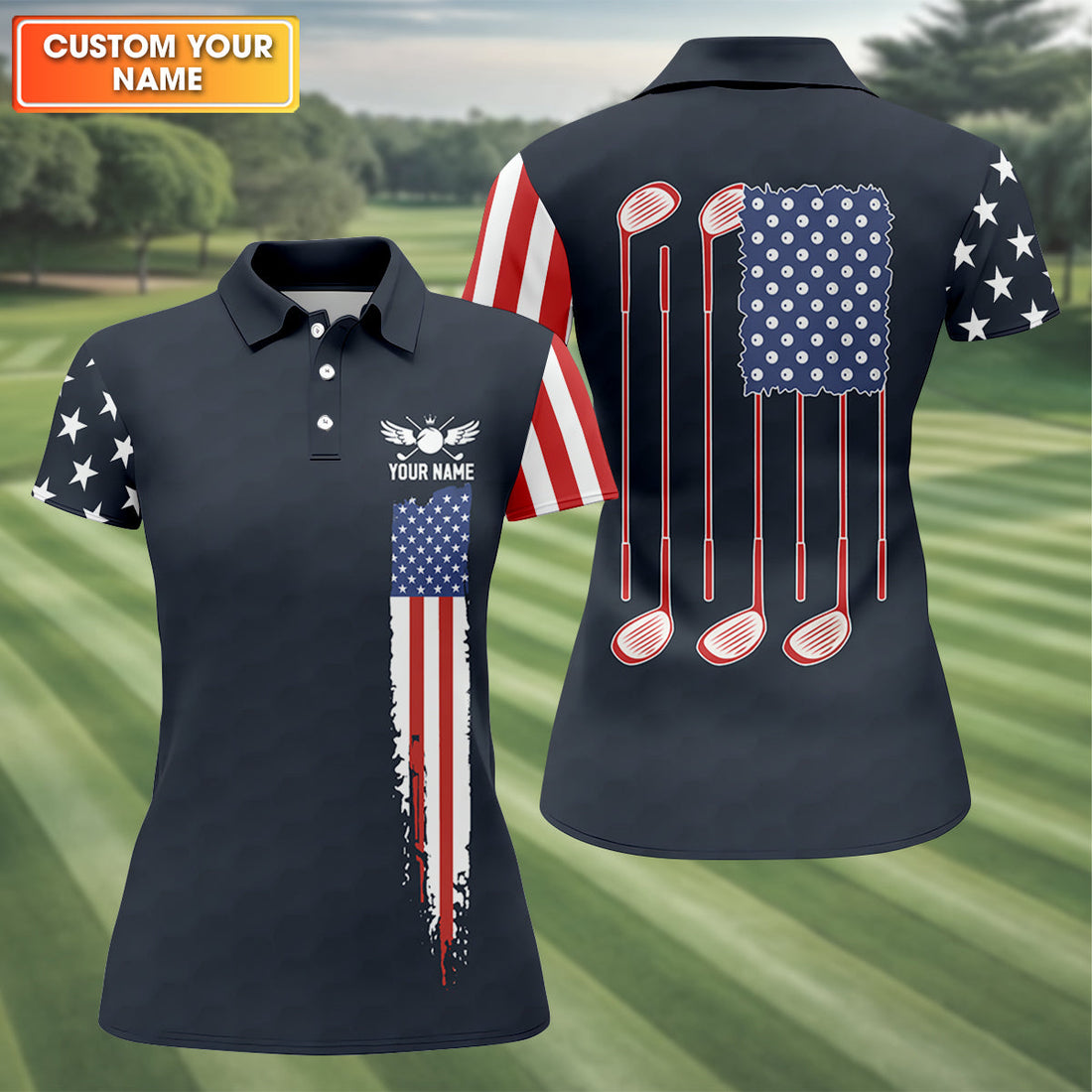 American Flag Patriot Red White Blue Women's Golf Shirts, 250th Anniversary Ladies Golf Shirt