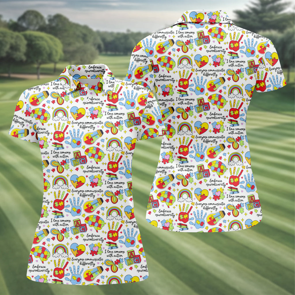 I Love Someone With Autism White Golf Shirt, Autism Awareness Color Ladies Golf Shirts, Ladies Golf Polos