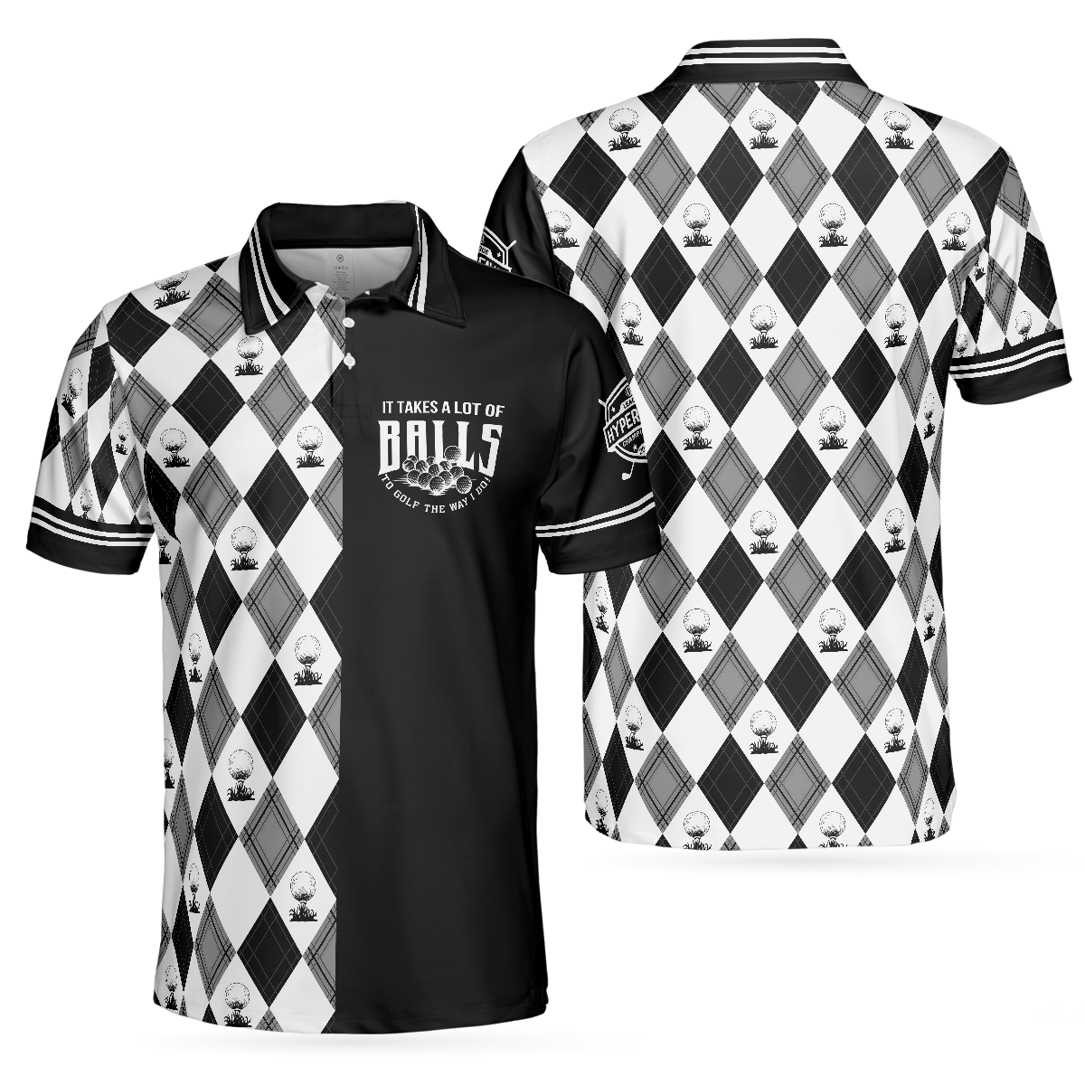 Black And White Argyle Men's Golf Polo Shirt, Golfing Apparel, Mens Golf Gift