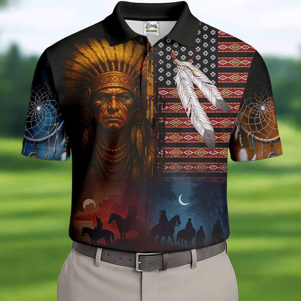 Native Heritage Red & Blue Golf Tops For Men, Native American Ancestry Polo Shirts For Men, Indigenous Peoples Month