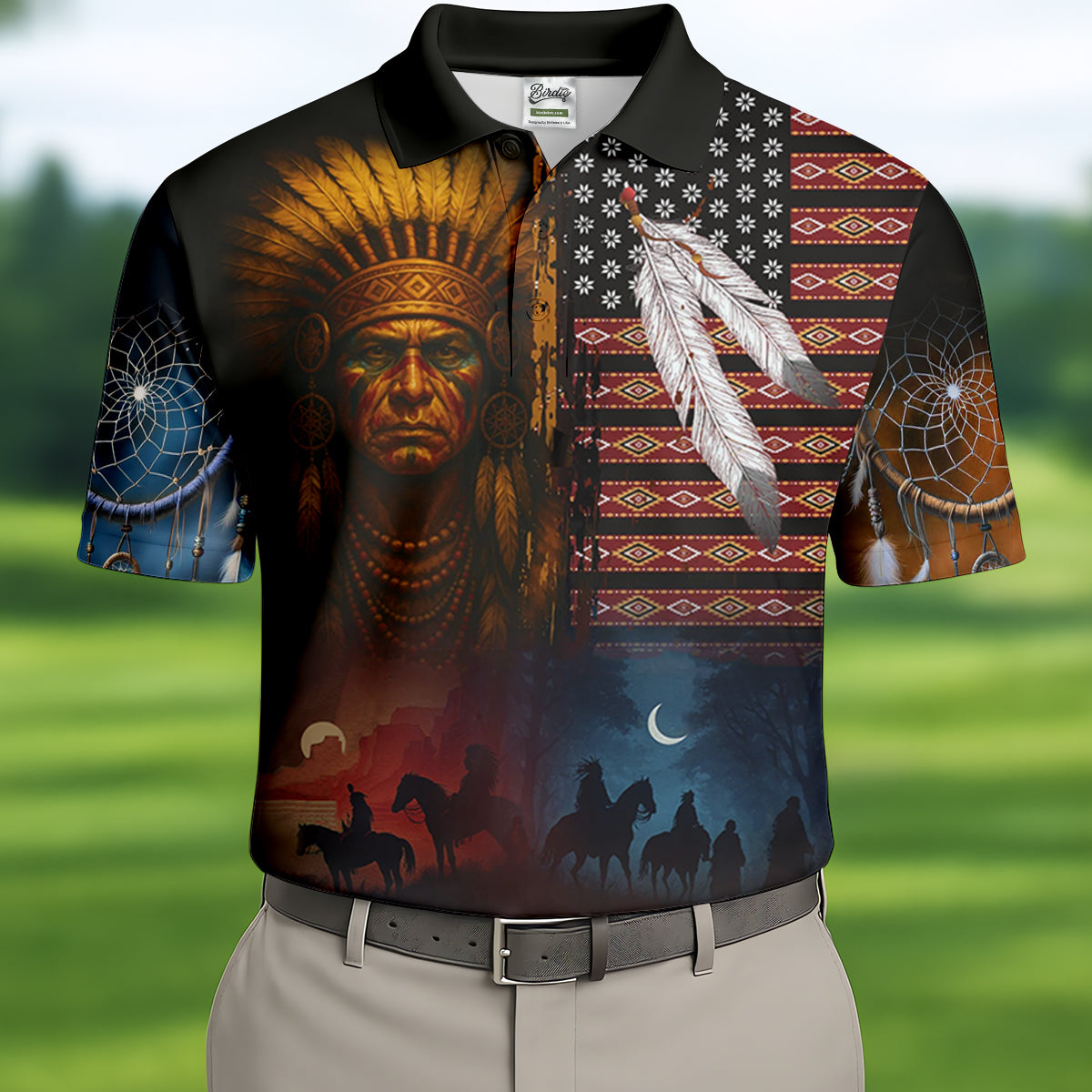 Native Heritage Red & Blue Golf Tops For Men, Native American Ancestry Polo Shirts For Men, Indigenous Peoples Month