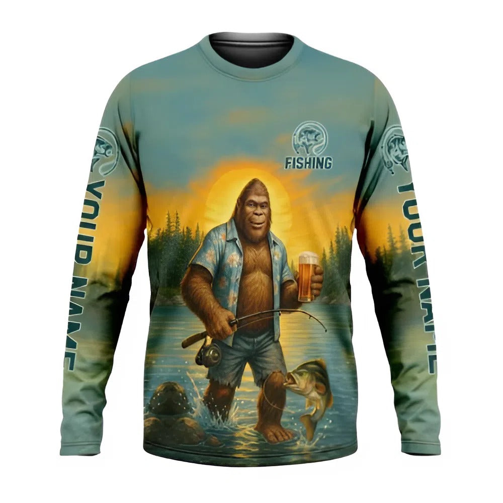 Personalized Men's Long Sleeve Fishing Shirt, 'Gone Squatchin' and Catchin' Design, Custom Name