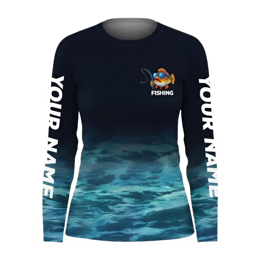 Personalized Women's Long Sleeve Fishing Shirt, Funny Fish Design, 'Fishing Rods are like Potato Chips', Custom Name