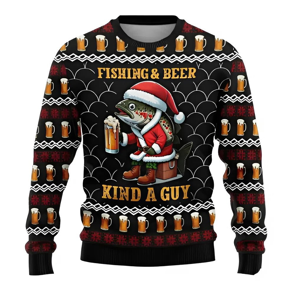 Men’s Ugly Christmas Fishing Sweater – 'Fishing & Beer Kind A Guy' Design with Santa