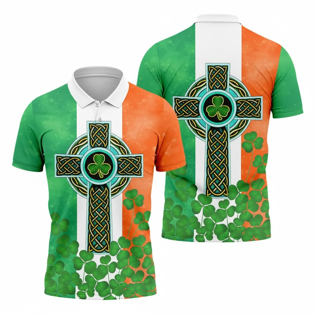Men's Celtic Cross Knotwork St Patrick's Day Shamrock Golf Shirt