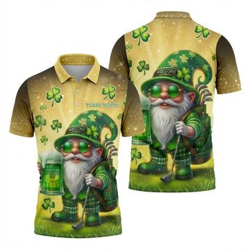 Personalized Men's Happy St Patrick's Day Shamrock Gnome Golf And Beer Shirts, Custom Name
