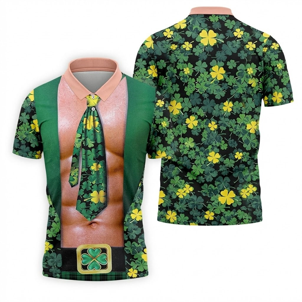 Funny St Patrick's Day Six Pack Abs Tie Shirt, Men's Lucky Shamrock Novelty Graphic Tee