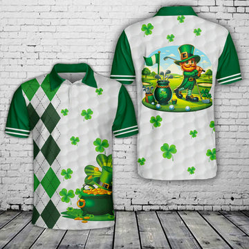 Men’s St. Patrick’s Day Golf Polo Shirt, Green Shamrock Argyle Irish Lucky Print, Short Sleeve Golf Apparel